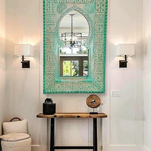 Green Arched Moroccan Mirror - Hand Carved Mirror in Vintage Style - Old Wall Mirror Frame- Decor Wood Frame - Gifts - Farmhouse Wall Decor.
