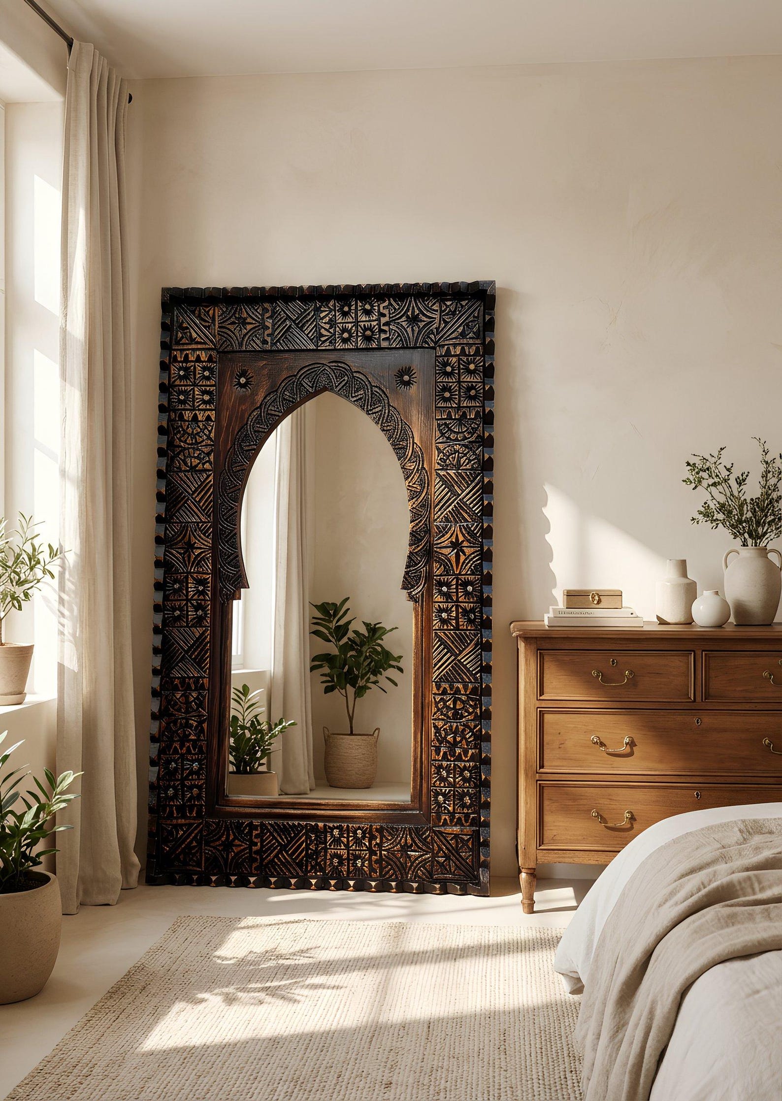 Handmade Moroccan Wooden Wall Mirror–Moroccan Brown Rustic Boho Frame, Carved Solid Wood, Artisan Home Decor, Statement Piece, Living Room. - 31.5×19.4×1.4 inches, With a Mirror