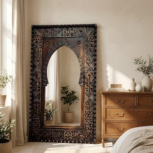 Espejo de pared de madera marroquí hecho a mano: marco bohemio rústico marrón marroquí, madera maciza tallada, decoración artesanal para el hogar, pieza destacada, sala de estar.
