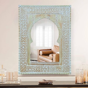 Custom White Moroccan Vintage Style Wooden Carved Mirror Hand Carved Wooden Wall Art Mirror, Hanging Wall Mirror, wooden Old Mirror Frame.