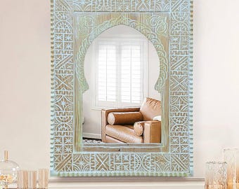 Moroccan Wooden Wall Mirror – White Moroccan Handmade Rustic Boho Decor, Carved Solid Wood, Artisan Home Accent,Entryway,Bedroom,Living Room