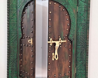 Green & Brown Moroccan Vintage Style Wooden Carved Window, Hand Carved Wooden Wall Art Window, Hanging Wall Door, wooden Vintage Wall Decor.