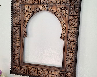 Handmade Moroccan Wooden Wall Mirror–Moroccan Brown Rustic Boho Frame, Carved Solid Wood, Artisan Home Decor, Statement Piece, Living Room.