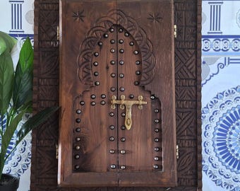 Hand Carved Wooden And Brass Wall Window, Moroccan Vintage Style Wooden Carved Window, Old Window Frames, Wall Art Window,Moroccan Old Door.
