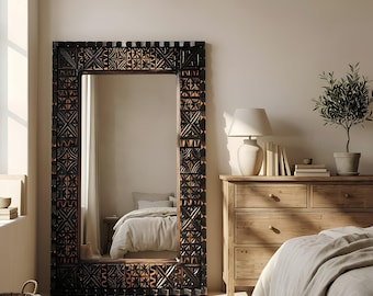 Handmade Moroccan Wooden Wall Mirror–Moroccan  Brown Rustic Boho Frame, Carved Solid Wood, Artisan Home Decor, Statement Piece, Living Room.