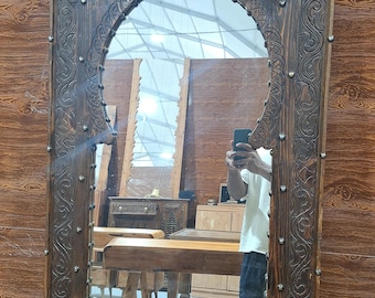 Custom Moroccan Vintage Style Wooden Carved MirrorHand Carved Wooden Wall Art Mirror,Hanging Wall Mirror,wooden decor Old Riad Mirror Frame.