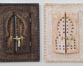 Decorative Hand Carved Moroccan Door with Brass Latch, Moroccan Vintage Style Carved Window, Old Riad Window Frames, Hanging Wall Art Door.
