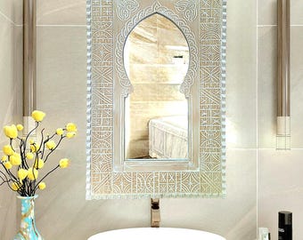 White Moroccan Hand Carved Wooden Mirror - Carved Mirror in Vintage Style - Old Wall Mirror Frame- Decor Wood Frame - Farmhouse Wall Decor.