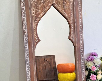 Moroccan Wooden Wall Mirror – White Moroccan Handmade Rustic Boho Decor, Carved Solid Wood, Artisan Home Accent,Entryway,Bedroom,Living Room