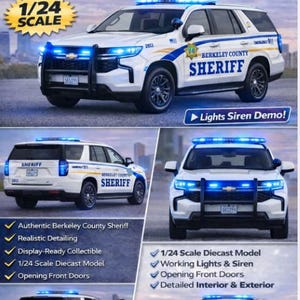 1/24 Scale 2025 Chevy Tahoe Sheriff Diecast Model – Berkeley County SC Sheriff – Working Lights & Siren – Police Collectible