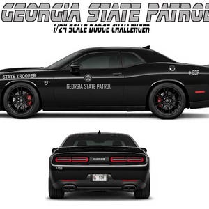 May include: A black 1/24 scale Dodge Challenger model, featuring the text "GEORGIA STATE PATROL" and "STATE TROOPER". The model car has black rims with red brake calipers and the rear view of the car is also shown.