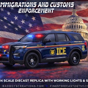 May include: A blue ICE police SUV replica with working lights and siren, set against an American flag and the Capitol building. The vehicle has the text "ICE" and "POLICE" on its sides. The image also includes the text "IMMIGRATIONS AND CUSTOMS ENFORCEMENT".