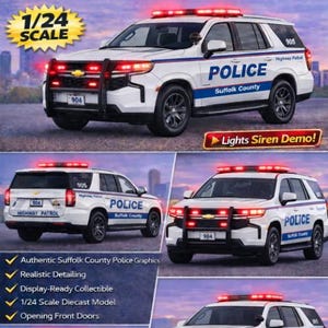 1/24 Scale 2025 Chevy Tahoe Police Diecast | Suffolk County NY Highway Patrol | Working Lights & Siren | Badboys Creations