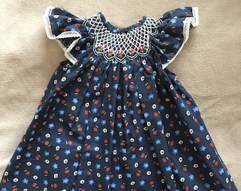 Size 6-9 Months Hand Smocked Baby Girls' Dress  - Blue with Accent Flowers