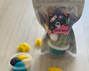 Space theme Play Dough activity kit - includes handmade play dough and sensory play items - perfect as loot bags!