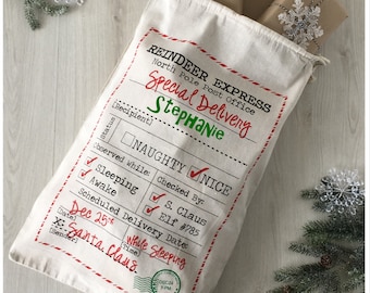 Customized Christmas Sacks - 3 Sizes - Reindeer Express Special Delivery postal stamp design customized with childs name