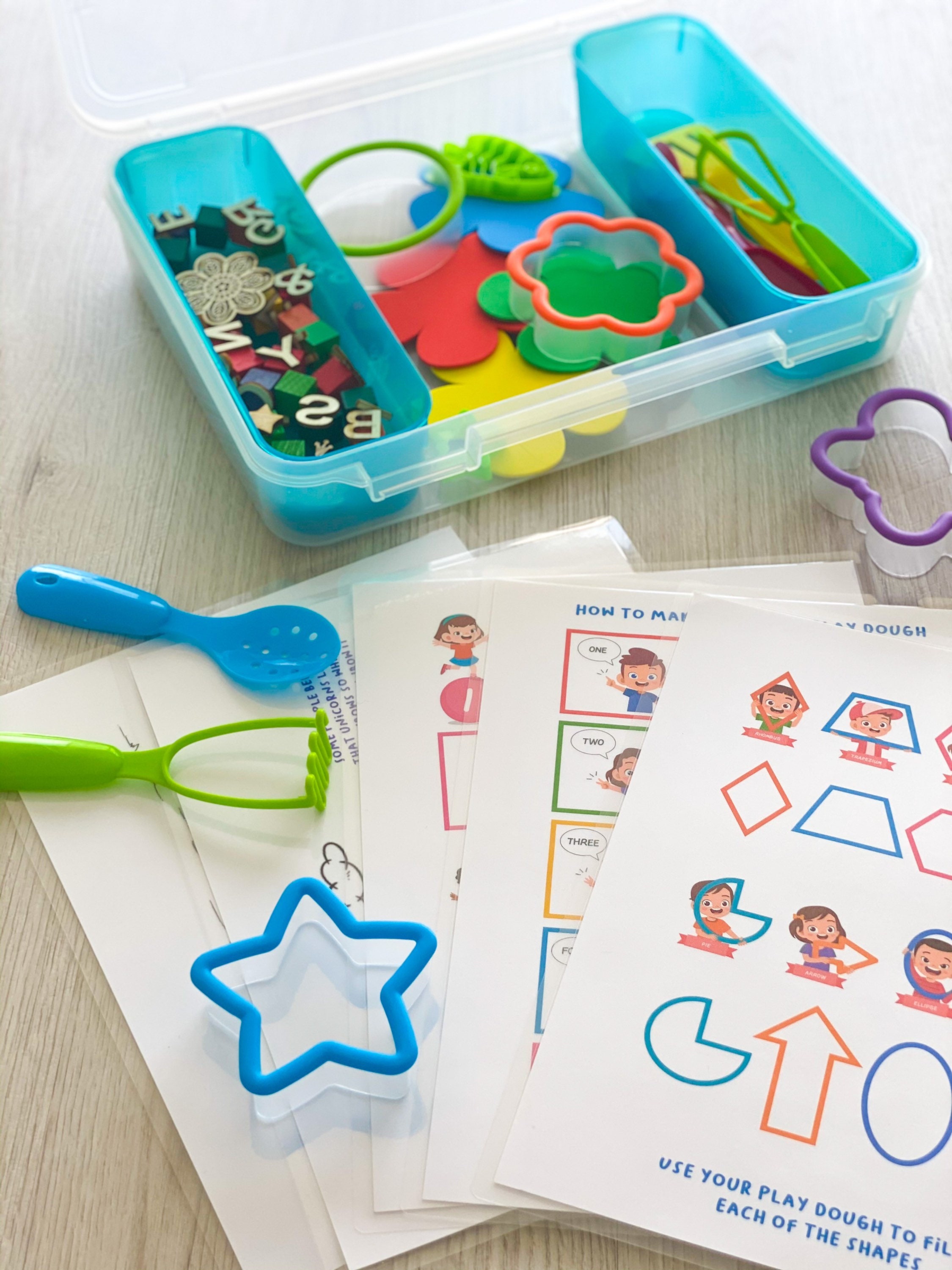 Play dough activity kit with activity sheets and DIY play dough recipe card