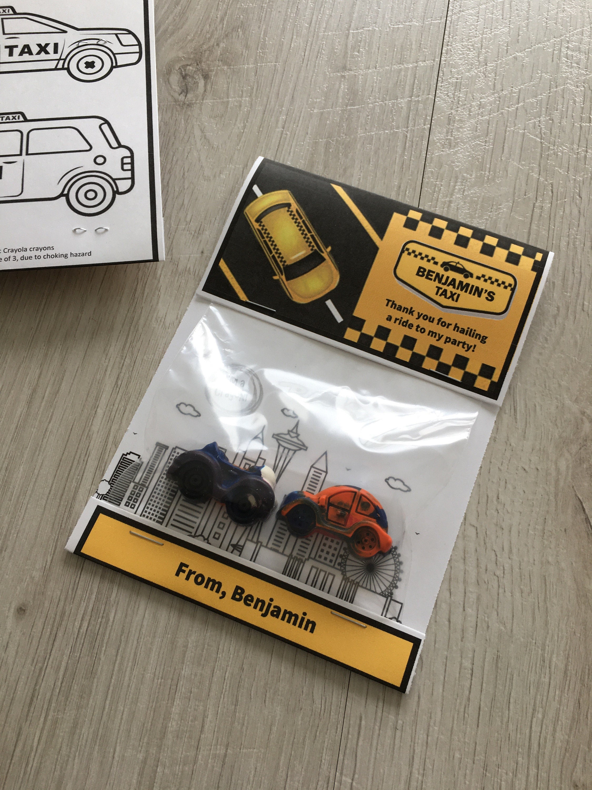 Taxi Cab theme Birthday Favors with Handmade Car Shaped Crayon Customizable with childs name!