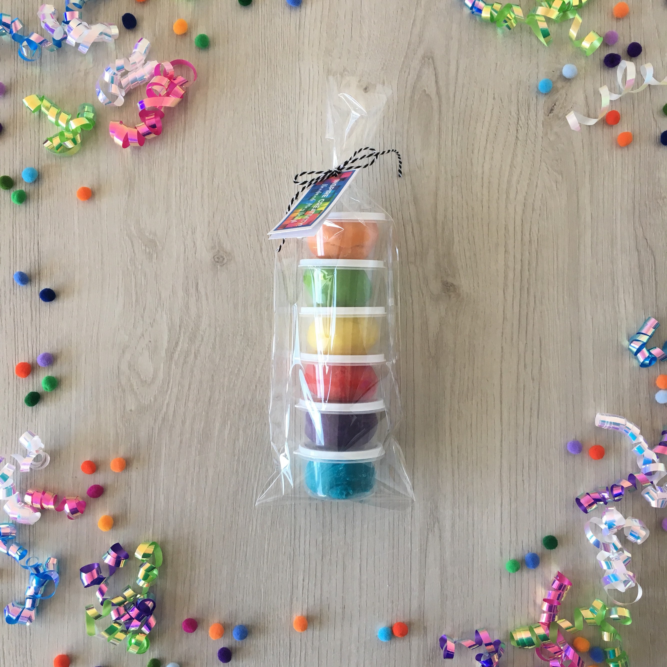 Rainbow Play Dough activity kit, includes (6) containers of homemade playdough in a rainbow of