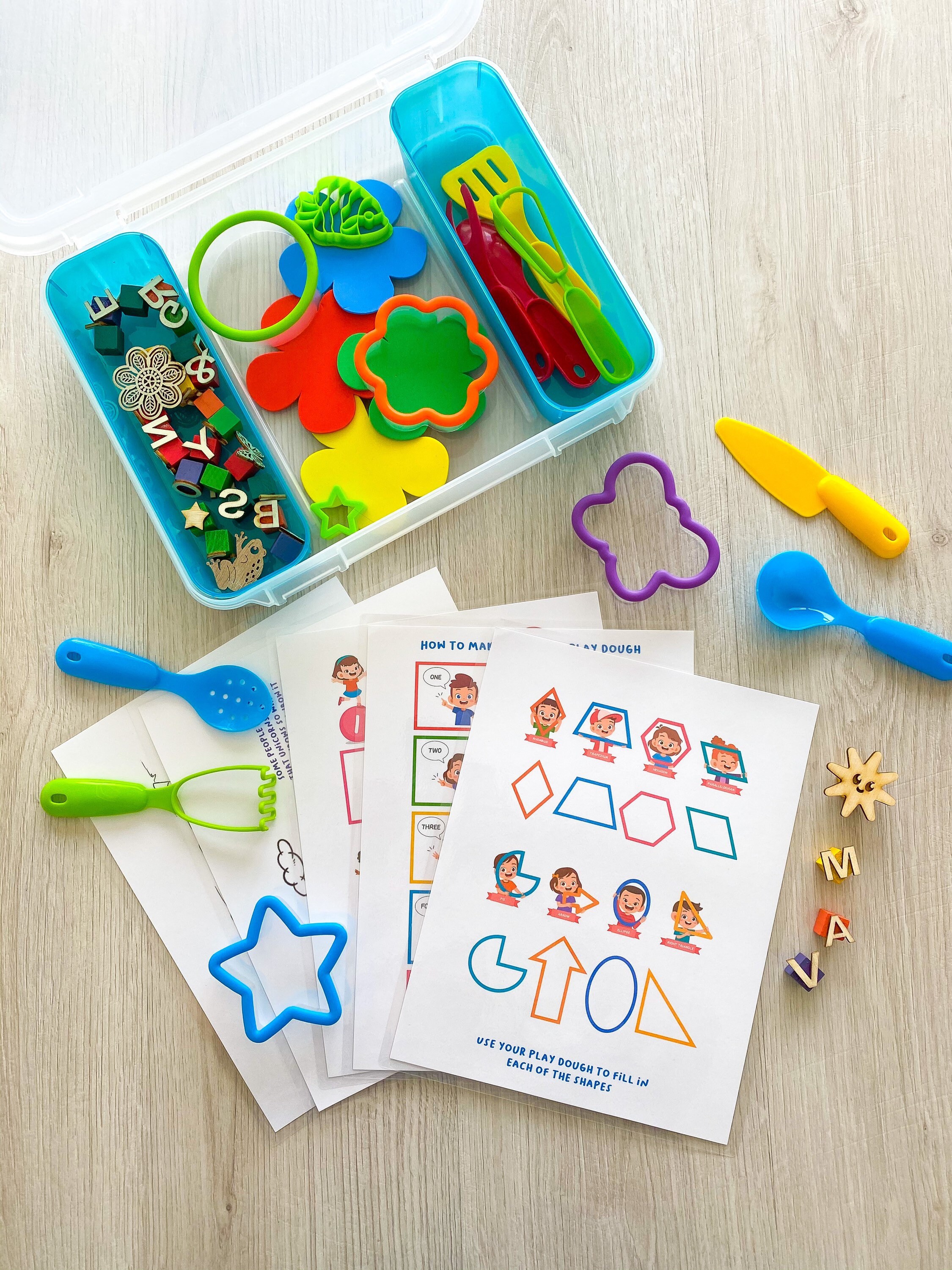 Play dough activity kit with activity sheets and DIY play dough recipe card