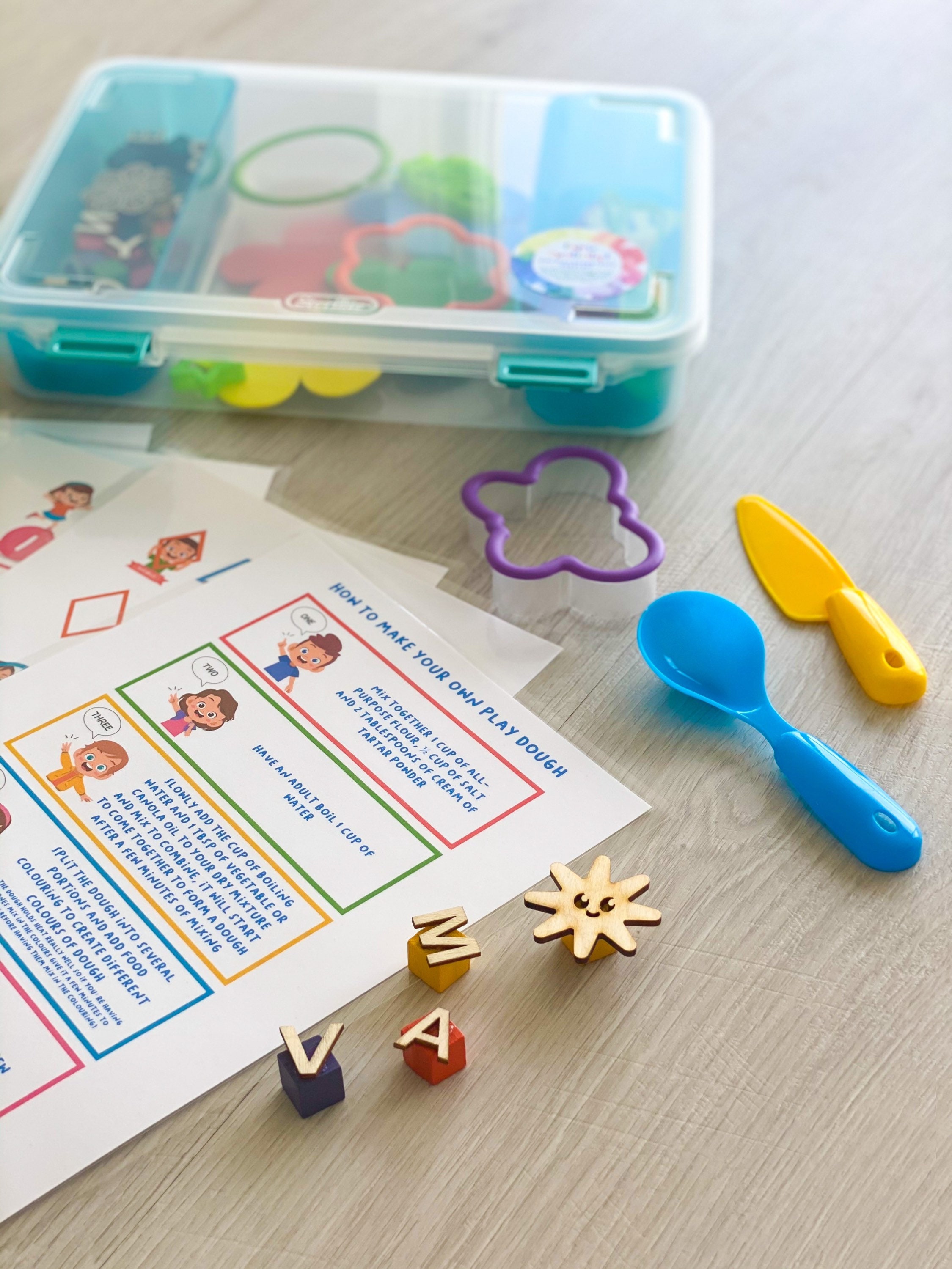 Play dough activity kit with activity sheets and DIY play dough recipe card