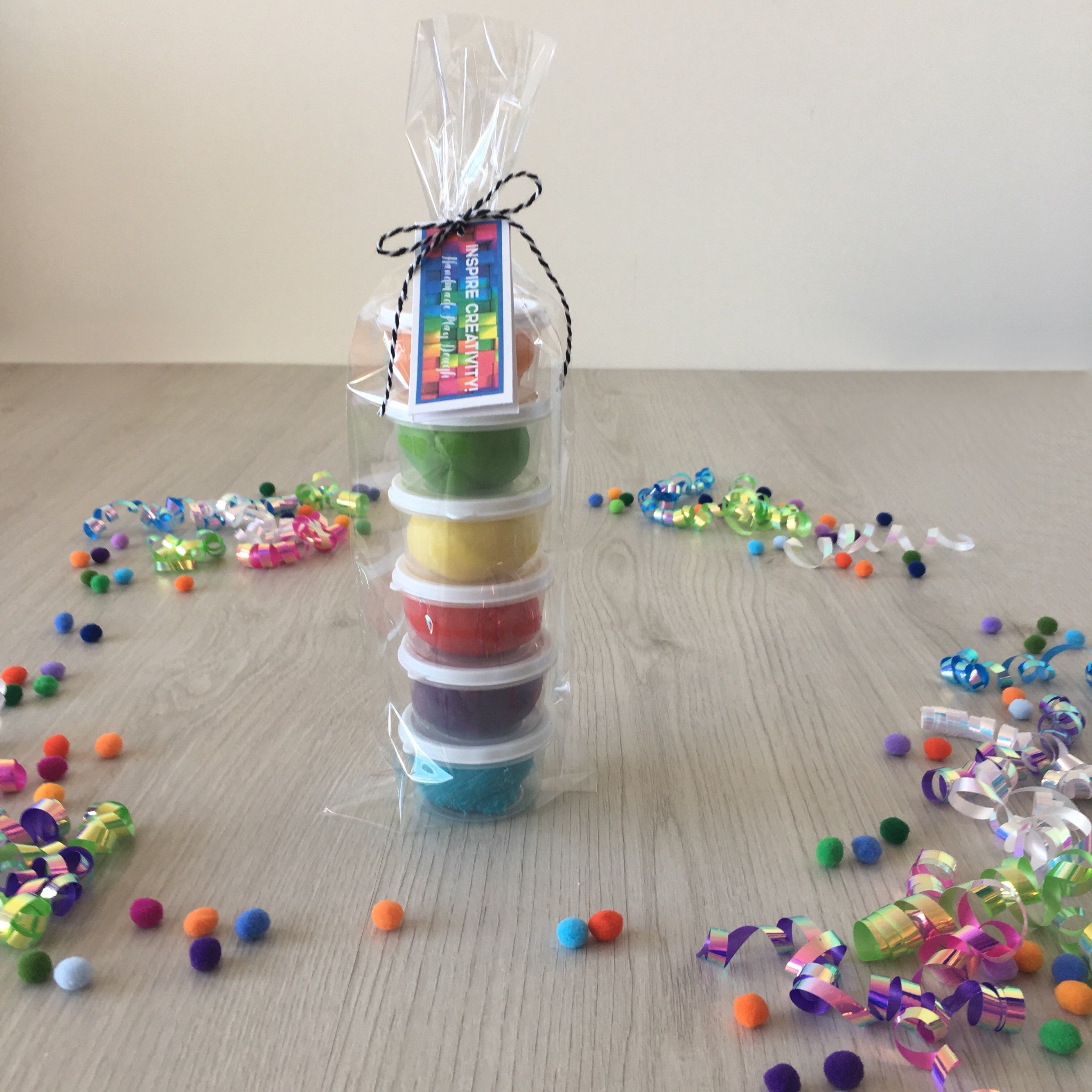 Rainbow Play Dough activity kit, includes (6) containers of homemade playdough in a rainbow of