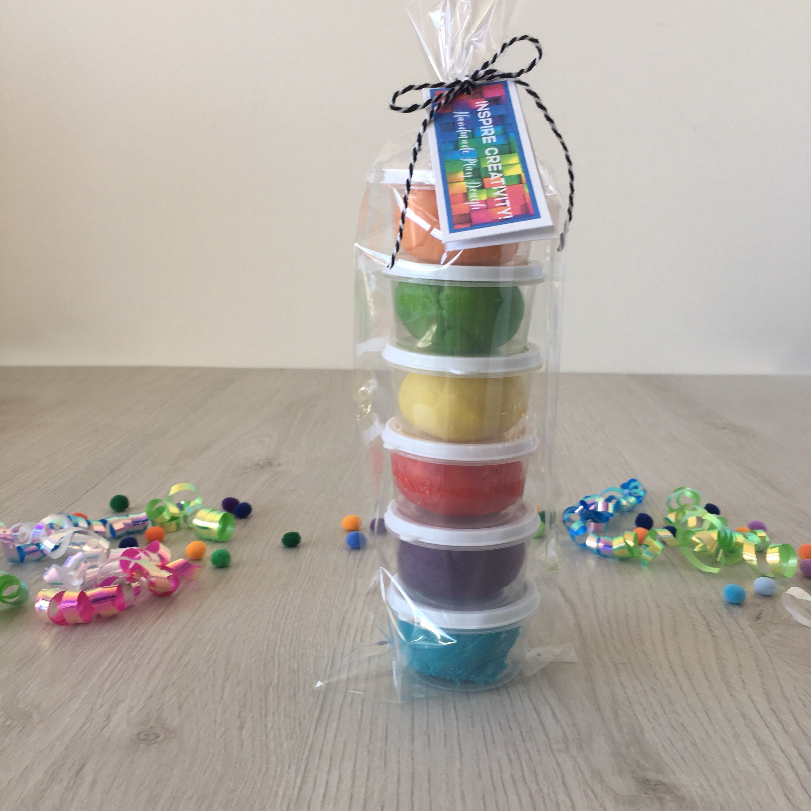 Rainbow Play Dough activity kit, includes (6) containers of homemade playdough in a rainbow of