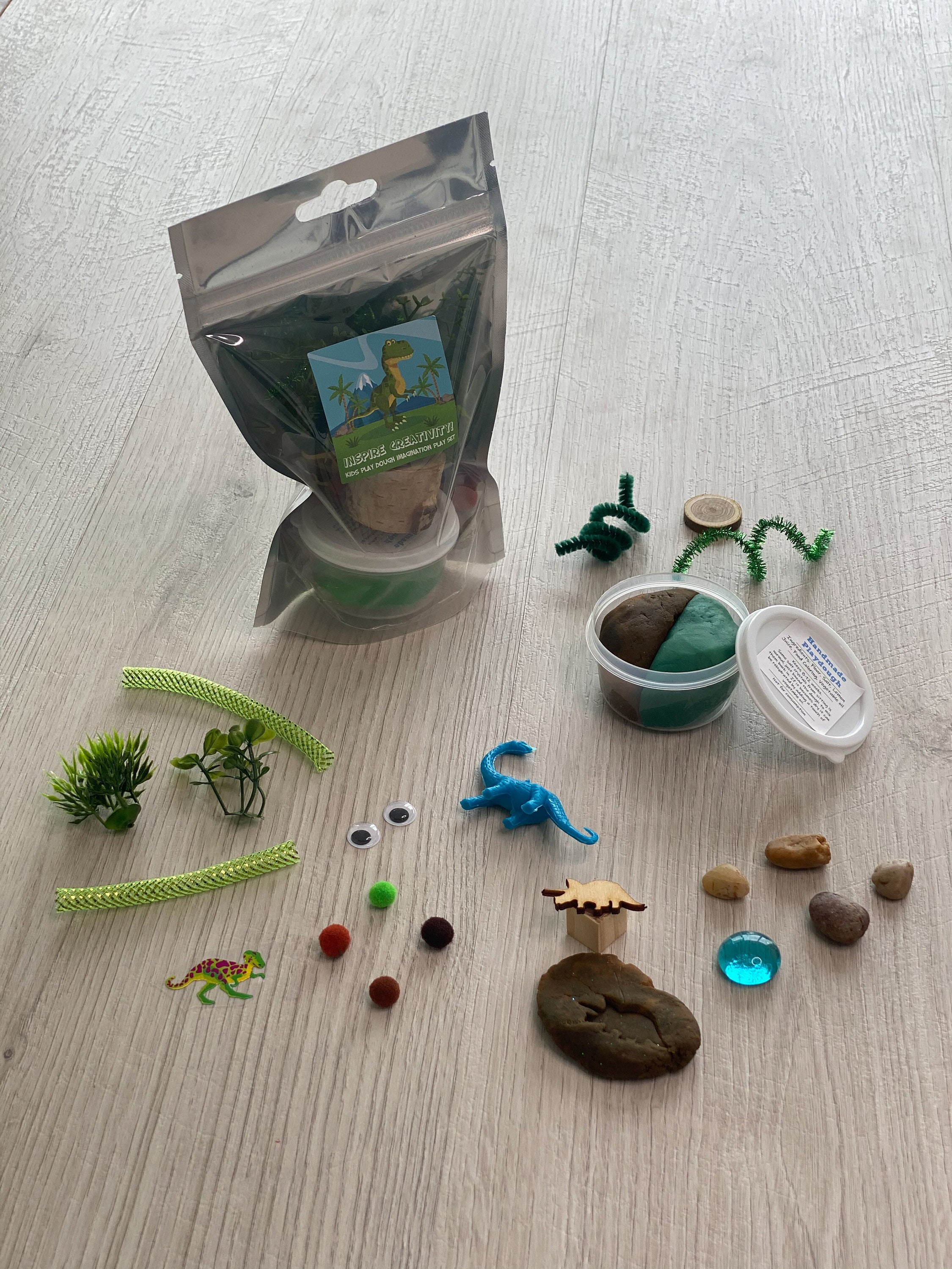 Dinosaur Theme Kids Sensory Play Activity Kit Includes 4 Colors of Handmade Play  Dough and Accessories Inspire Kids Creativity 