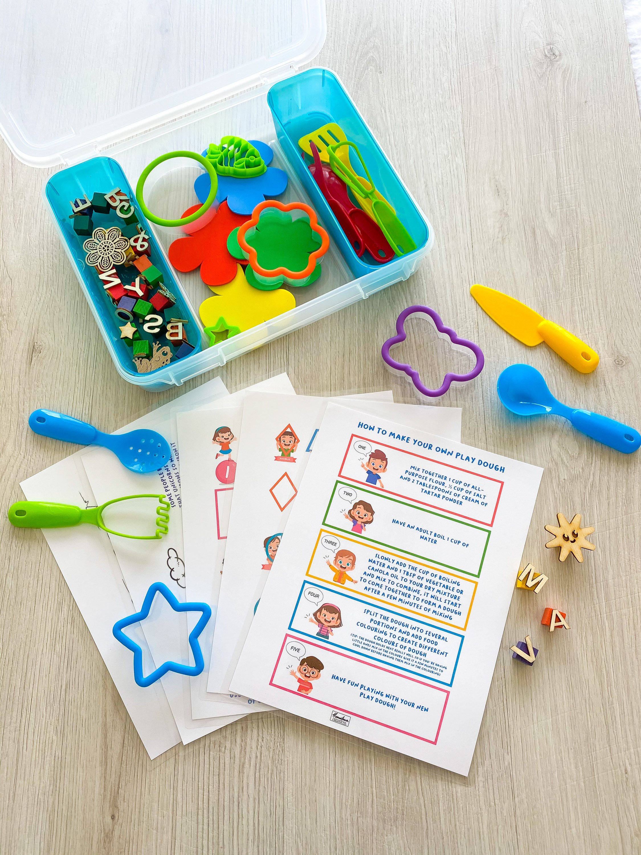 Play dough activity kit with activity sheets and DIY play dough recipe card
