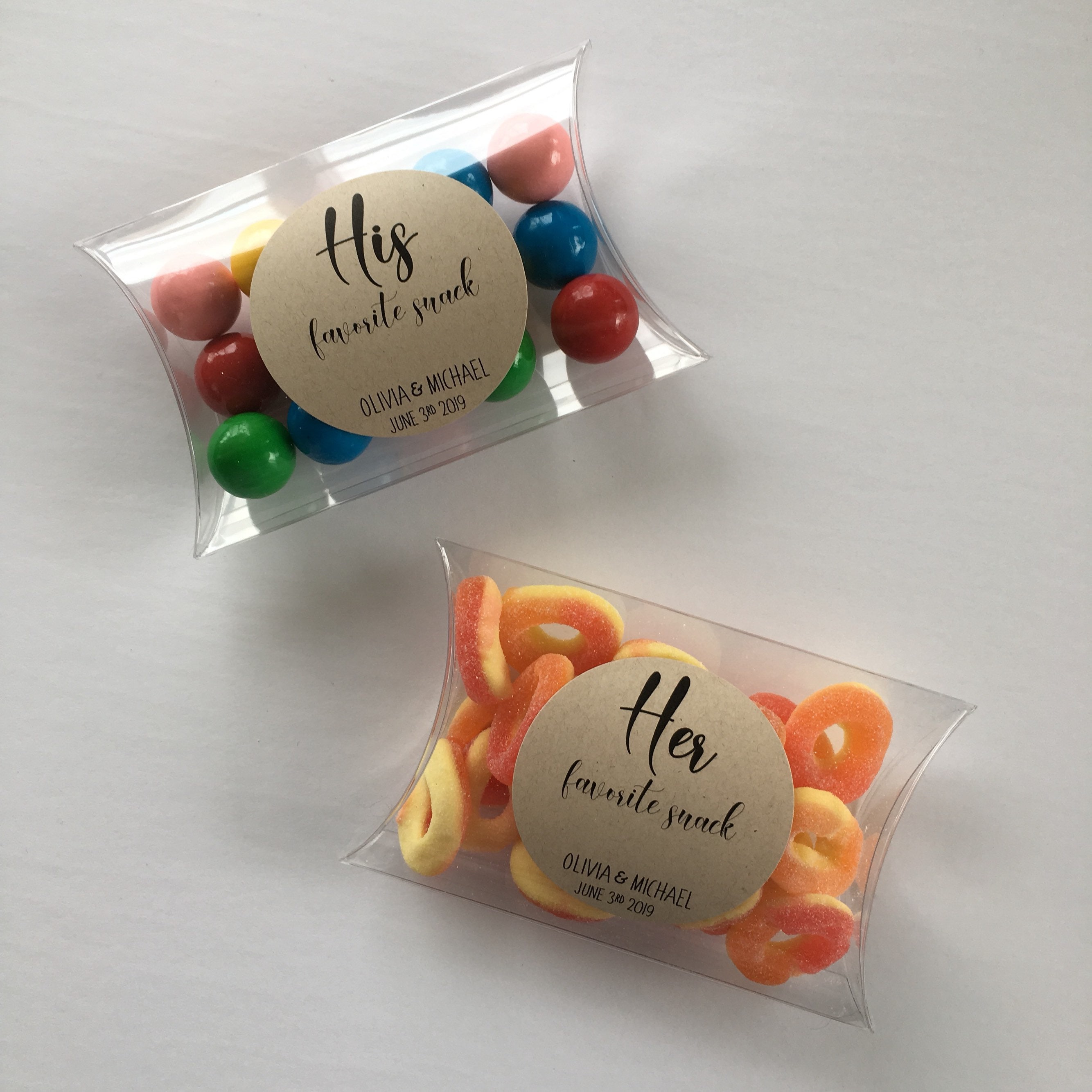 His & Her Favorite Snacks! (Set of 10) Wedding Favor Clear Pillow
