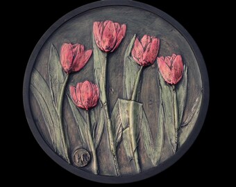 Tulips Bas Relief: Botanical Floral Wall Art, Wooden Frame