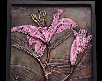 Lily Botanical Bas Relief Art - Framed Floral Wall Hanging