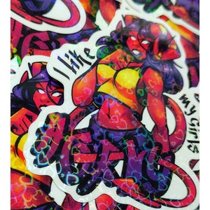 Tiefling Holographic Hearts Sticker - I Like My Girls Horny - Dungeons & Dragons - Holo Demon Devil Infernal Red Purple Exo Monster Lover