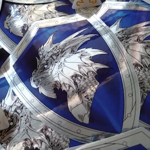 Holy Symbol Sticker - Bahamut - Silver Metal Dragon Reflective God Brushed Platinum Appearance - Decorate GM Screen Notebook