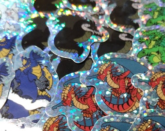 Color Dragon Mini Sticker Set - Holographic - White Black Green Blue Red - TTRPG Sparkle Holo 1 inch bulket journal notebook phone stickers