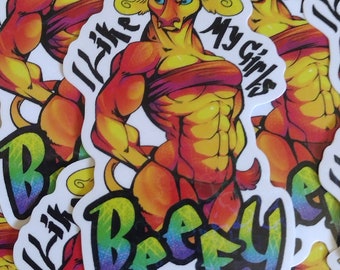 Minotaur Holographic Hearts Sticker - I Like My Girls Beefy - TTRPG Inspired Muscules Strong Woman Cow Neon Muscular
