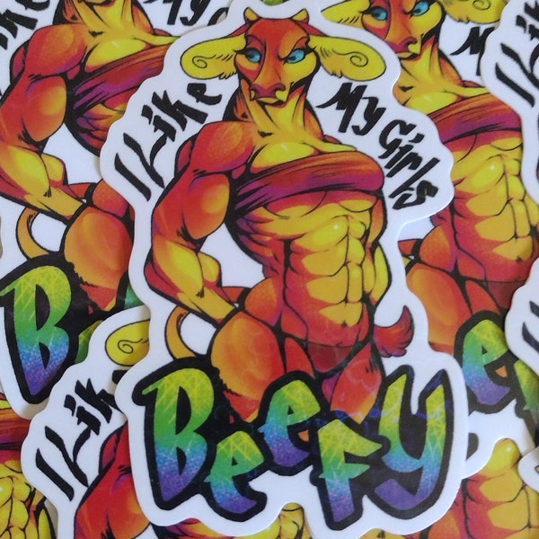 Minotaur Holographic Hearts Sticker - I Like My Girls Beefy - Dungeons & Dragons Inspired Muscules Strong Woman Cow Neon Muscular TTRPG