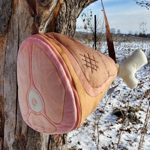 Grilled Haunch Meat Bag - Plush Ham Duffel Bucket Zip Up Fursuit Prop Emoji Well Done Two Bone Large Size Adjustable Toon Toony