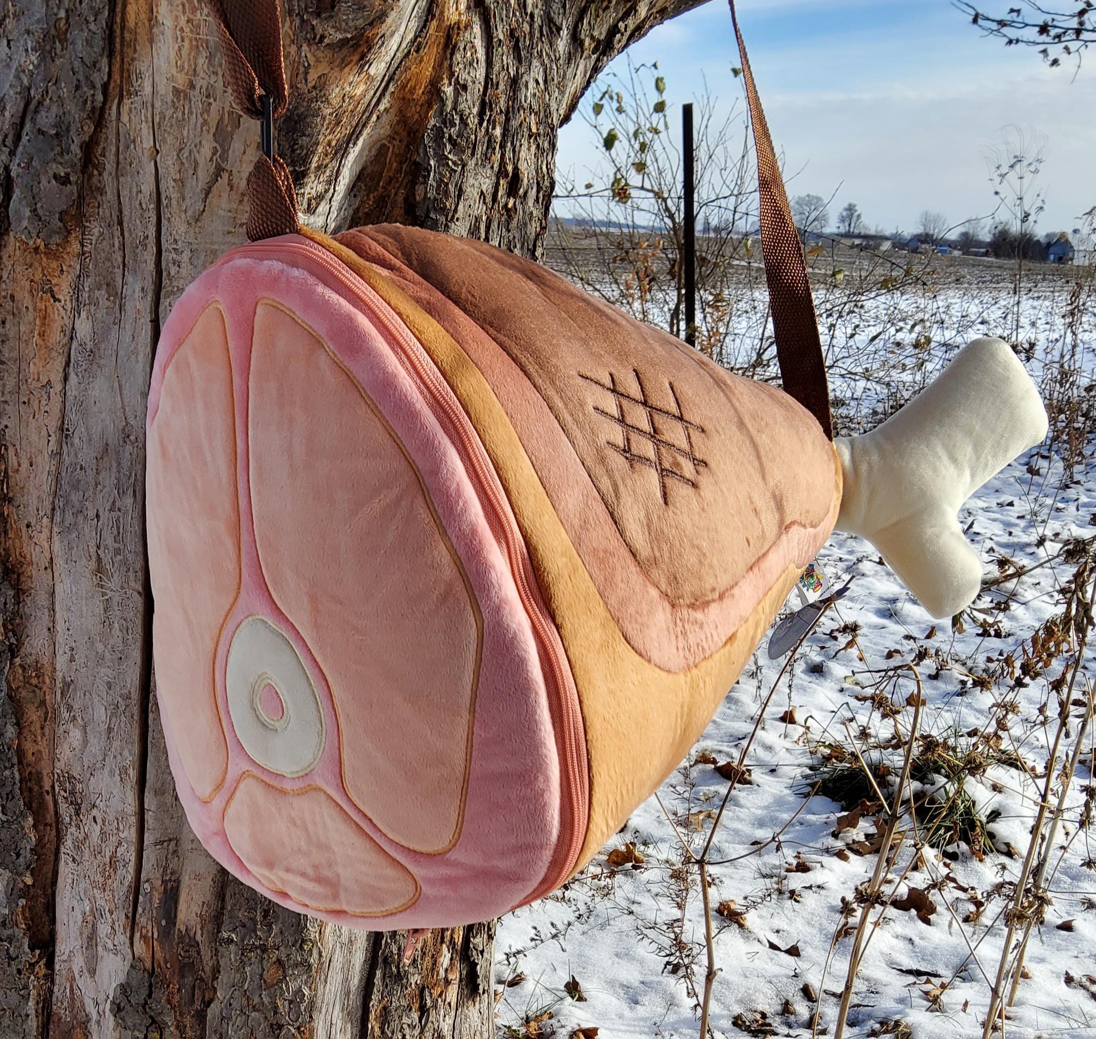 Grilled Haunch Meat Bag - Plush Ham Duffel Bucket Zip Up Fursuit Prop Emoji Well Done Two Bone Large Size Adjustable Toon Toony