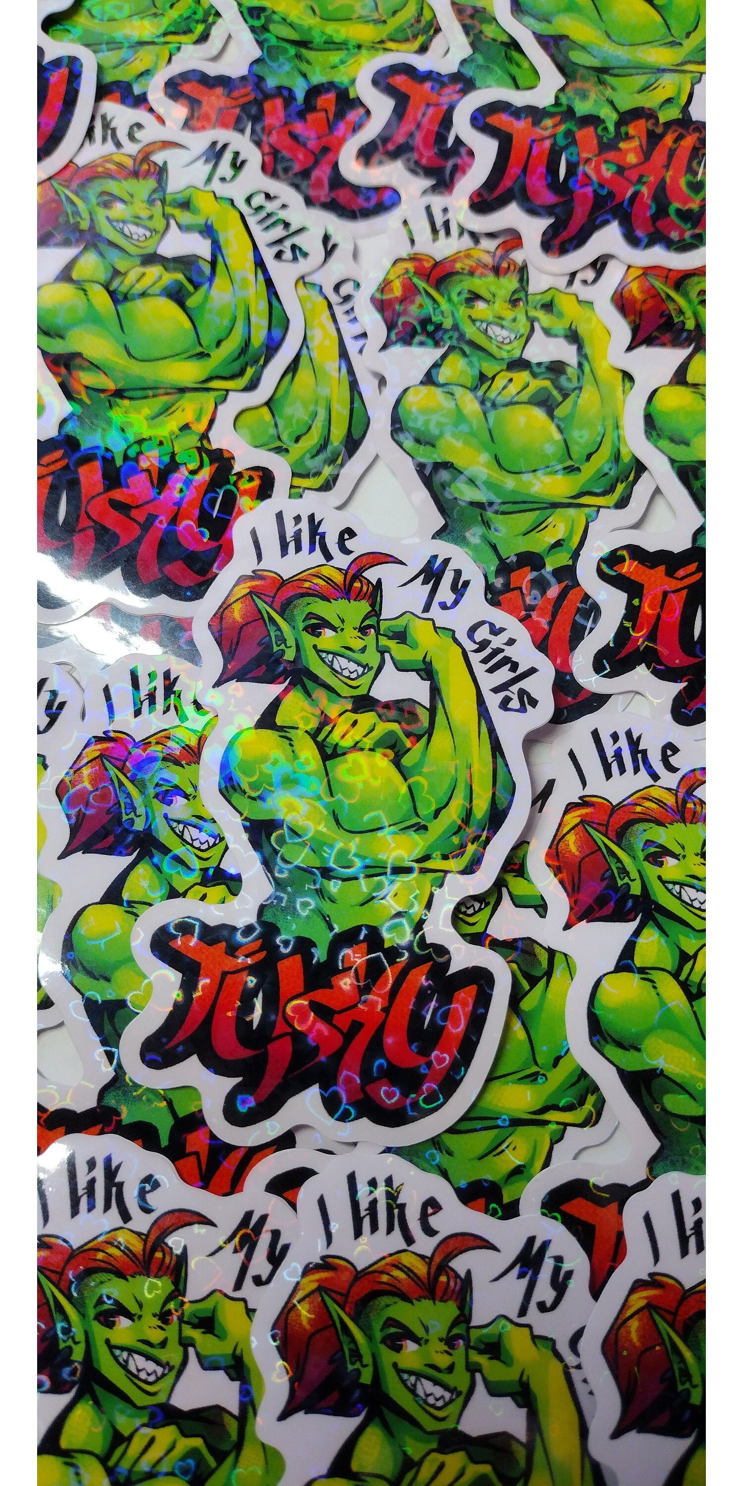 Orc Holographic Hearts Sticker - I Like My Girls Tusky - TTRPG Inspired Muscles Strong Woman Fangs Neon Muscular