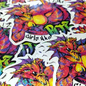 Dragon Girl Holographic Hearts Sticker - I Like Girls Who Bite - Holo Monster Lover Furry Anthro Scaly Red Colorful Comic Exo Dragonborn