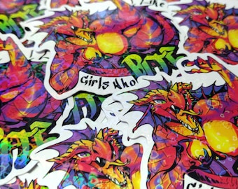 Dragon Girl Holographic Hearts Sticker - I Like Girls Who Bite - Holo Monster Lover Furry Anthro Scaly Red Colorful Comic Exo Dragonborn