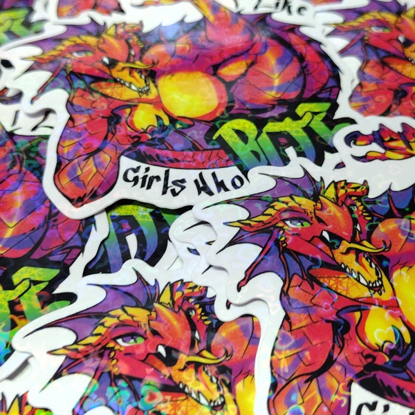 Dragonborn Holographic Hearts Sticker - I Like Girls Who Bite - Holo Sparkly Monster Lover Furry Anthro Scaly Dragon Red Colorful Comic Exo
