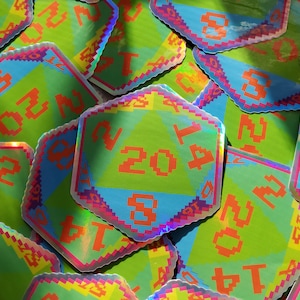 Rainbow Pixel D20 Dice Holographic Vinyl Sticker- Dungeons & Dragons Inspired Prop Art Decorate Binders Folders Customize DM Screens
