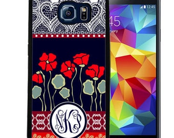 S20+ and S20 Ultra S20 S10e Navy Red Poppies Lace Monogrammed Rubber Case For Samsung 8 S9+ S9 S10+ 8 plus S10