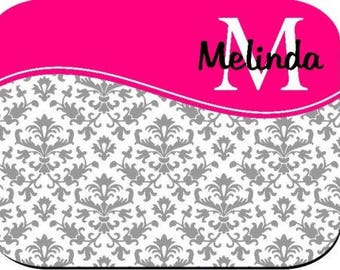 Personalized Mouse Pad - Gray Damask With Hot Pink