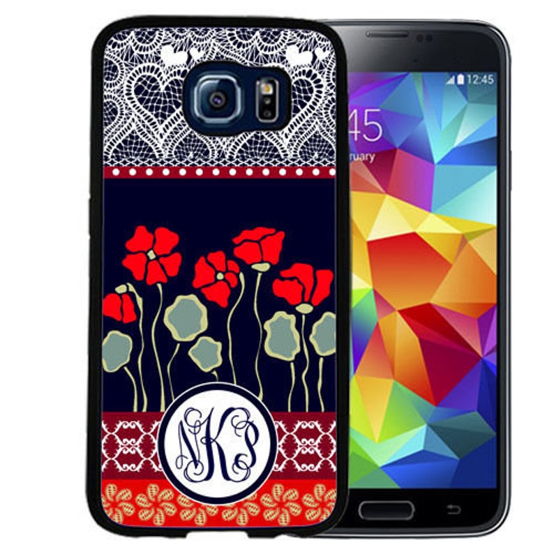 S20+ and S20 Ultra S20 S10e Navy Red Poppies Lace Monogrammed Rubber Case For Samsung 8 S9+ S9 S10+ 8 plus S10