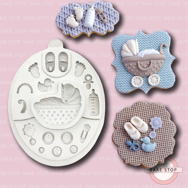 Baby Pram & Accessories Silicone Mould - Fondant Mould, Wax Mould, Soap Mould, Resin Mould, Jewelry Mould