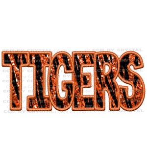 May include: Orange and black tiger stripe design with the word "TIGERS" in a bold, orange font.