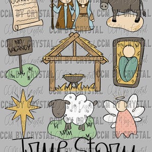 May include: A digital illustration featuring elements of the Nativity story. Includes figures of Mary and Joseph, a donkey, a manger, a star, a sheep, an angel, and the text "True Story" and "Luke 2:1-20".